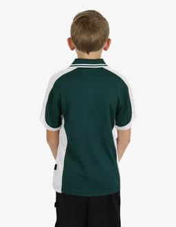 A polo shirt in dark green with white side panels, featuring a logo on the back.