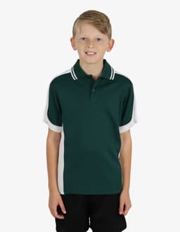 A young boy wearing a green polo shirt with white accents and a logo.