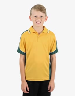 A yellow polo shirt with green sleeves and a logo, featuring a classic collar and short sleeves.