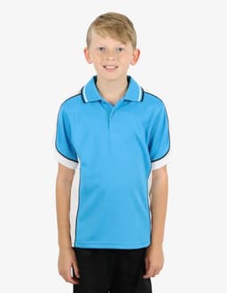 A child wears a light blue polo shirt with white and black accents and a logo on it.