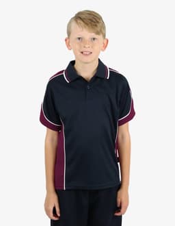 A navy and maroon polo shirt with contrasting white detailing and a logo. Ideal for casual or sportswear.