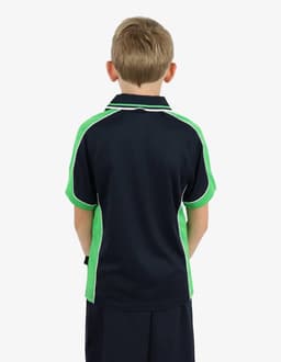 A child is wearing a navy blue polo shirt with green accents and white piping, viewed from the back.