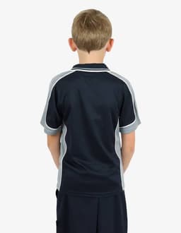 A navy and grey polo shirt with a logo, viewed from the back on a child.