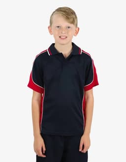 A polo shirt featuring navy blue and red colours with contrasting seams, suitable for casual wear.