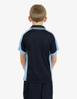 A navy and light blue polo shirt featuring a logo, viewed from the back, worn by a child.