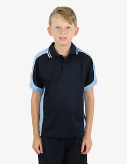 A navy blue polo shirt with light blue accents, featuring a collar and a logo. Designed for children.