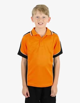 An orange and black polo shirt featuring a logo, worn by a smiling child.