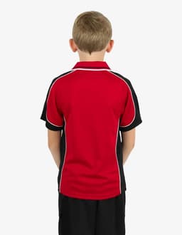 A red and black polo shirt with white piping, viewed from the back. It features a logo on the upper back.