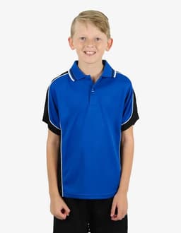A child wearing a blue polo shirt with black sleeves and contrasting white piping, featuring a logo.