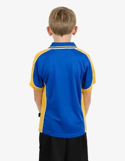 A polo shirt featuring blue and yellow colours with a logo on the back, designed for children.