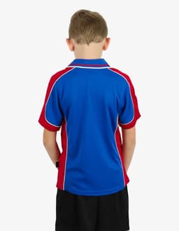 A polo shirt in blue and red with contrasting white trim, featuring a logo on the back.