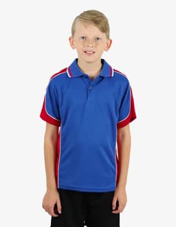 A polo shirt featuring blue and red colours with contrasting side panels and a collar. It has a small logo.