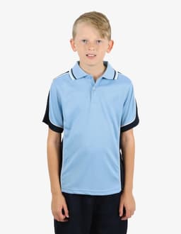 A polo shirt in light blue and navy, featuring a logo, designed for kids.