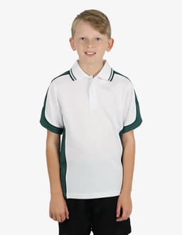 A polo shirt in white with green sleeves, featuring a collar and a logo. Suitable for casual wear.