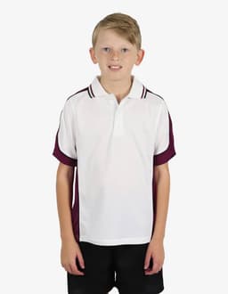 A white polo shirt with maroon sleeves, featuring a collar and a logo. Modelled by a young boy.