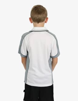 A polo shirt featuring a white body with grey accents, designed for children, with a logo on the back.