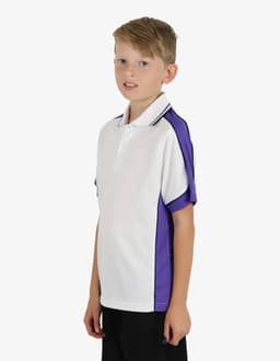 A white and purple polo shirt with a logo, worn by a young boy standing against a plain background.