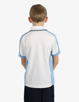 A polo shirt in white and light blue, featuring a logo and designed for youth sizes, displayed from the back.