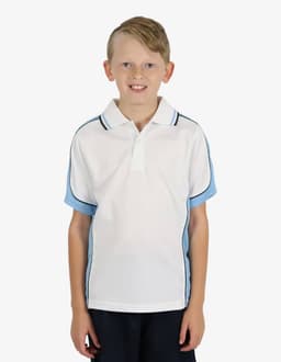 A boy wearing a white polo shirt with light blue sleeves and side accents, featuring a logo.