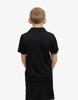 A black polo shirt for children, featuring a classic collar and a simple design, with a brand logo.