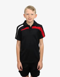 A black polo shirt with red and white detailing, modelled by a child. The shirt features a collar and short sleeves.