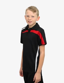 A black polo shirt with red and white stripes, featuring a logo on the chest. Designed for children.