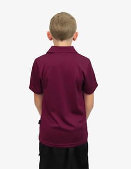 A maroon polo shirt viewed from the back, worn by a child with short blonde hair. It features a logo on the side.