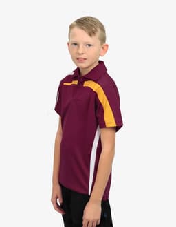 A maroon polo shirt with yellow and white accents, featuring a logo on the chest.