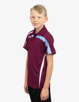A maroon polo shirt with light blue and white accents, featuring a logo, displayed on a boy.