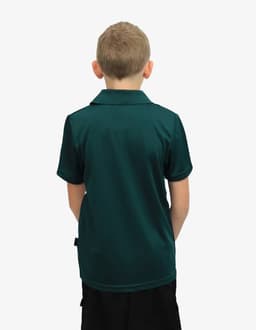 A green polo shirt displayed from the back, featuring a collar and short sleeves, with a logo on the side.