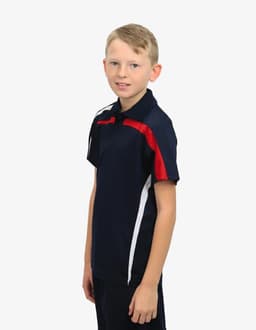 A navy blue polo shirt with red and white accents, featuring a logo on the chest.