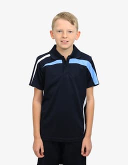 A navy polo shirt featuring light blue accents and a branded logo, designed for casual wear.