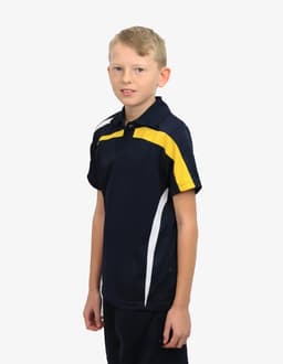 A navy blue polo shirt with yellow and white accents, featuring a logo on the chest.