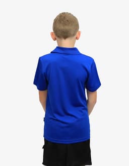 A bright blue polo shirt displayed on a young person from the back, featuring a collar and short sleeves.