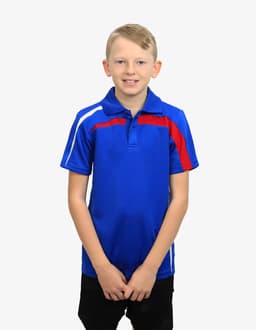 A young boy wearing a blue polo shirt with red and white stripes, featuring a logo on the chest.