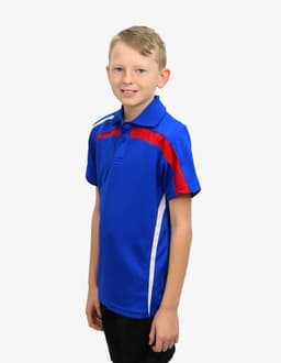 A blue polo shirt with red and white accents, displayed on a model. The shirt features a logo.