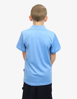 A blue polo shirt viewed from the back, featuring a simple design and a collar. It has a logo on the fabric.