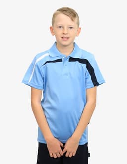 A blue polo shirt featuring black detailing and a logo on the chest. Suitable for casual wear.