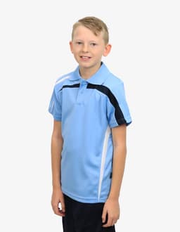 A light blue polo shirt with black and white accents, featuring a logo on the front.