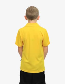 A yellow polo shirt featuring a collar, with a plain back view. It has a brand logo on the side.