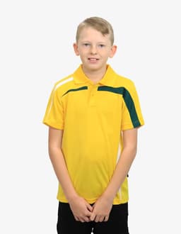 A yellow polo shirt featuring green accents, with a logo on the front.