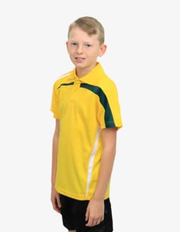 A polo shirt in bright yellow with green and white accents, featuring a logo on the front.