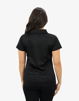 A black polo shirt with a collar, displayed from the back with a fitted silhouette. It features a logo on the collar area.