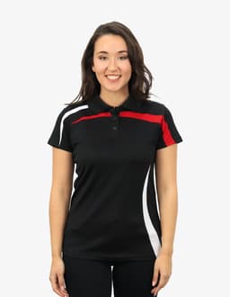 A woman models a black polo shirt featuring red and white accents and a logo on the chest.
