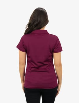 A burgundy polo shirt displayed from the back, featuring a branding logo on the side.