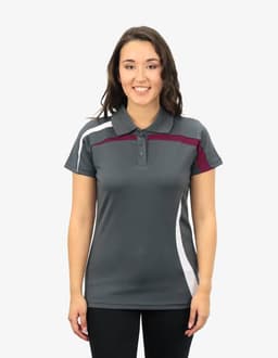 A grey polo shirt with white and maroon accents, featuring a collar and three buttons, worn by a smiling woman.