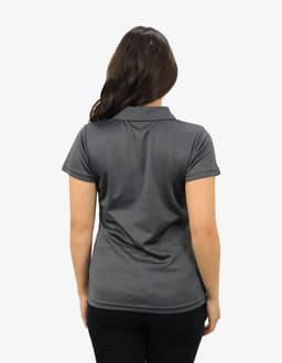A grey polo shirt featuring a classic collar and short sleeves, viewed from the back. It has a logo on the collar.