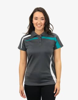 A women's grey polo shirt featuring teal and white accents, with a logo on the chest.