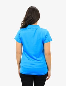 A blue polo shirt with short sleeves, featuring a back view of the garment. It has a logo on the side.