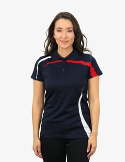 A navy polo shirt with white and red accents, featuring a logo. The model poses against a plain background.